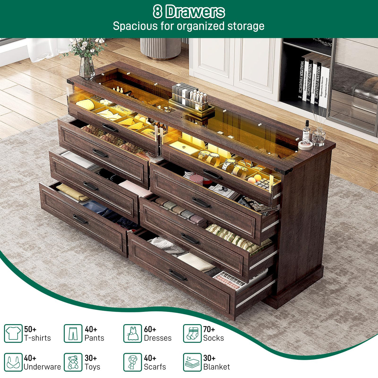 Hlivelood 63" Farmhouse 8 Drawer Dressers for Bedroom, Brown Wood Dresser w/Glass Top&Front Display Organizer, Bedroom Closet Island Chest of Drawers, for Living Room, Bedrooms, Hallway, Brown Hlivelood