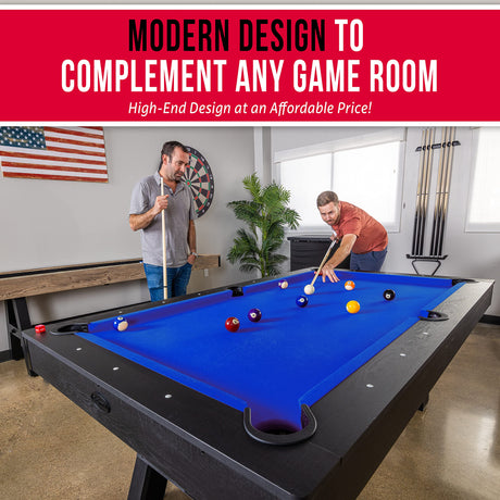 GoSports 7 ft Pool Table with Wood Finish - Modern Billiards Table with 2 Cue Sticks, Balls, Rack, Felt Brush and Chalk - Choose Your Style GoSports