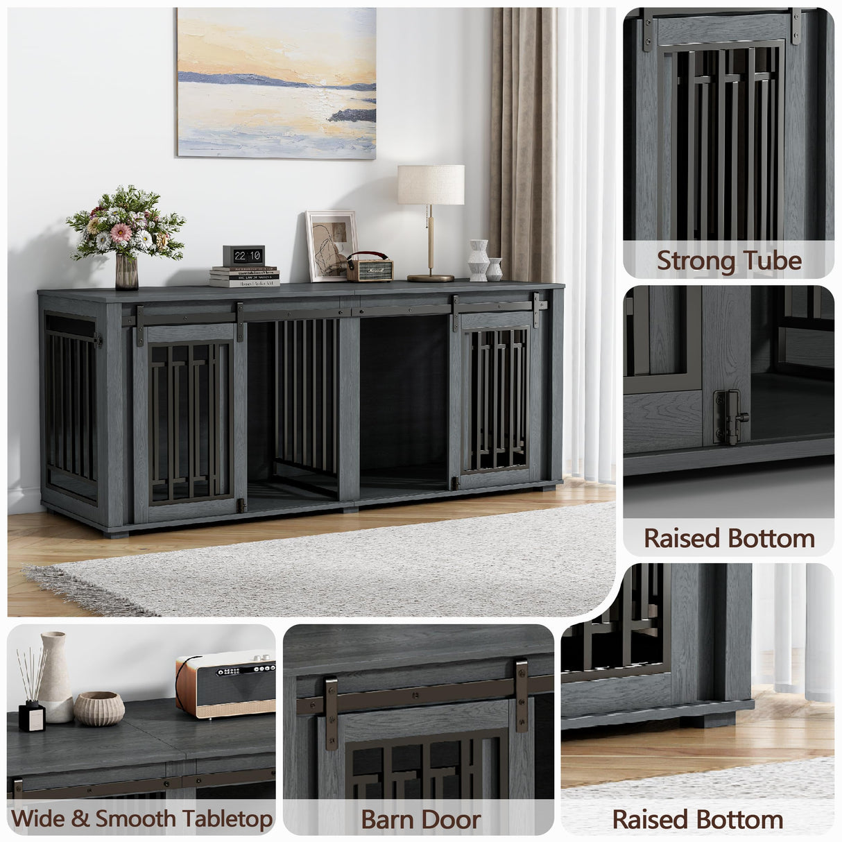 DEYGIA Large Dog Crate Furniture for 2 Dogs, Upgrade 71" Pro XXL Sliding Door Heavy Duty Dog Kennel Furniture with Divider, Steel Frame Indoor Double Dog Crate for Large Medium Small Dogs, Dark Black DEYGIA