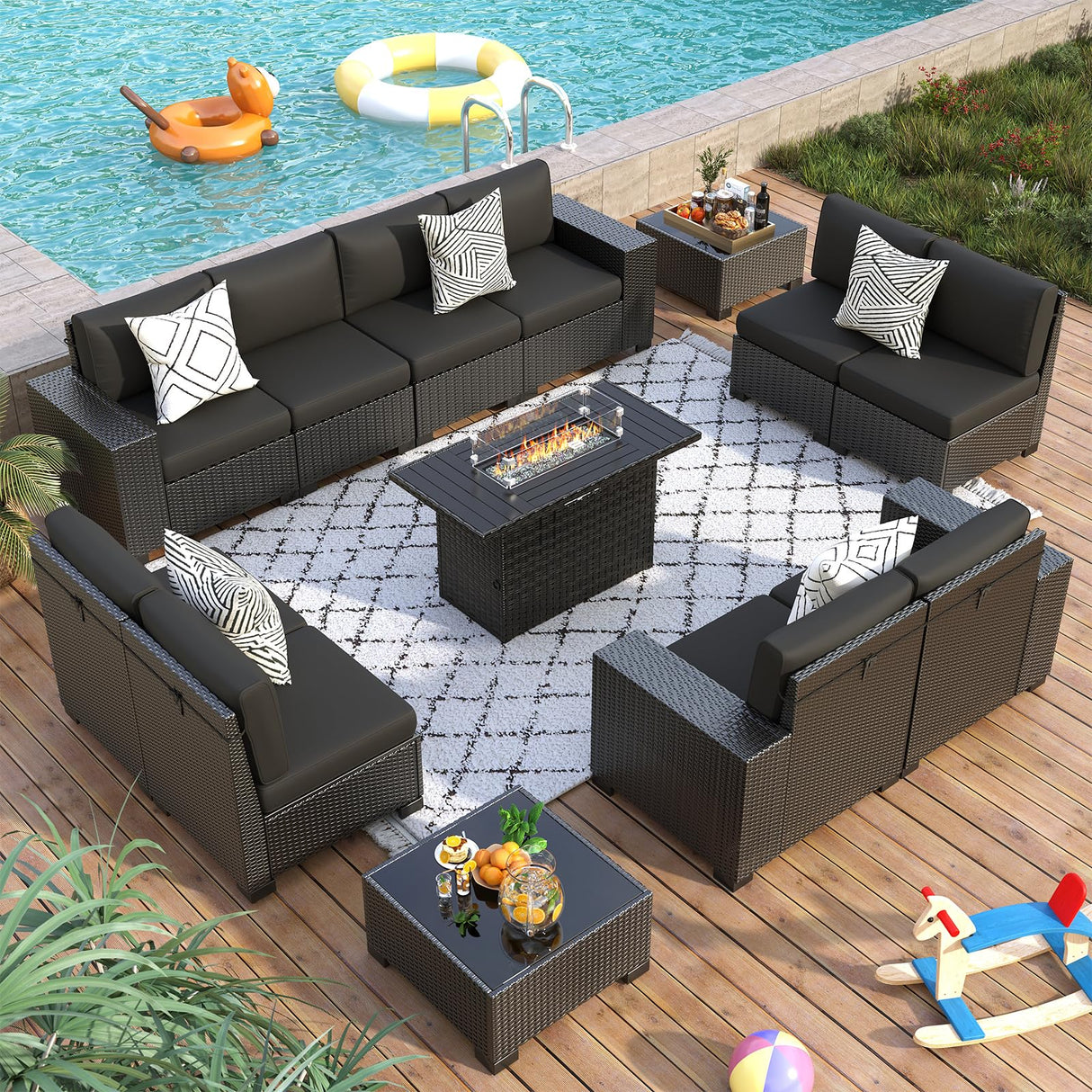 VONZOY 13 Piece Patio Furniture Set with Fire Pit Table, Outdoor Sectional Conversation Sets Black Wicker Rattan Sectional Sofa for Patio Garden Backyard, 4'' Thickened Cushion VONZOY