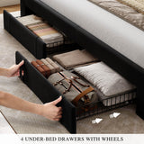 DWVO King Size Bed Frame with Adjustable Headboard, 4 Storage Drawers and RGB LED Lights, Velvet Upholstered Platform Bed with USB Ports, No Box Spring Needed, Fast Assembly, Noise-Free, Black DWVO