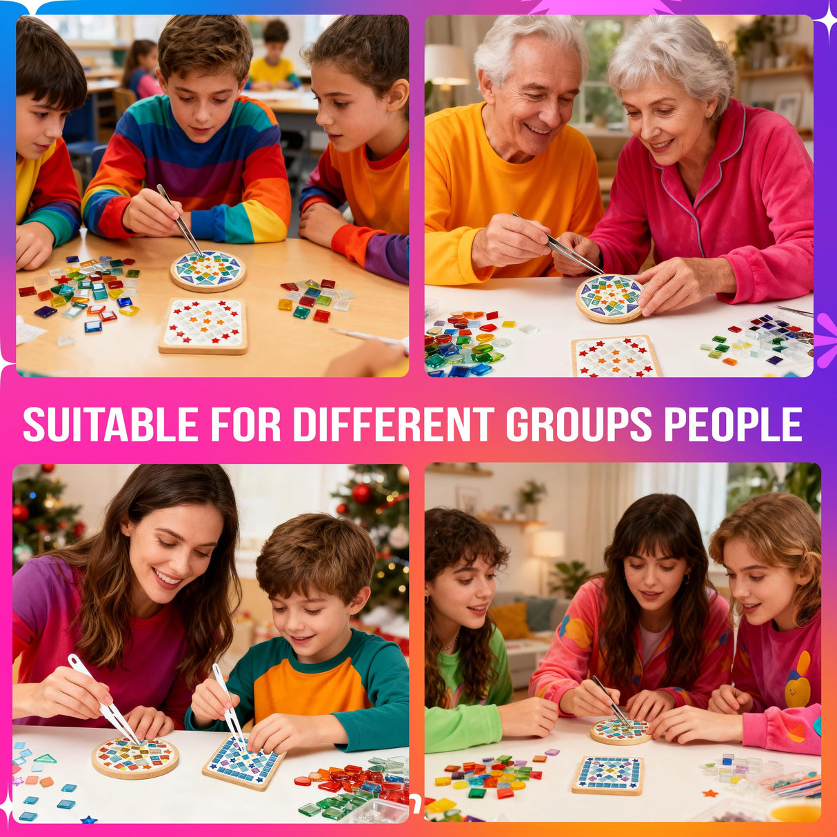 Joyclub 4 Sets DIY Glass Mosaic Tiles for Crafts Mosaic Kits for Adults and Kids with Wooden Coasters for Drinks Tray Creative Handmade Making Supplies Home Decor Art Christmas Gifts Joyclub