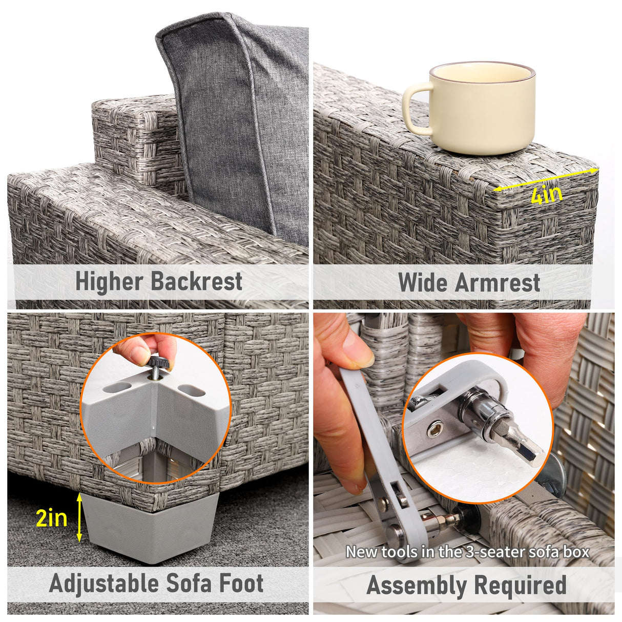 WAROOM Patio Furniture Set 6 Piece Outdoor Patio Set Grey Wicker Balcony Furniture Conversation Sets PE Rattan Couch Sofa with Coffee Table, Grey Cushion WAROOM