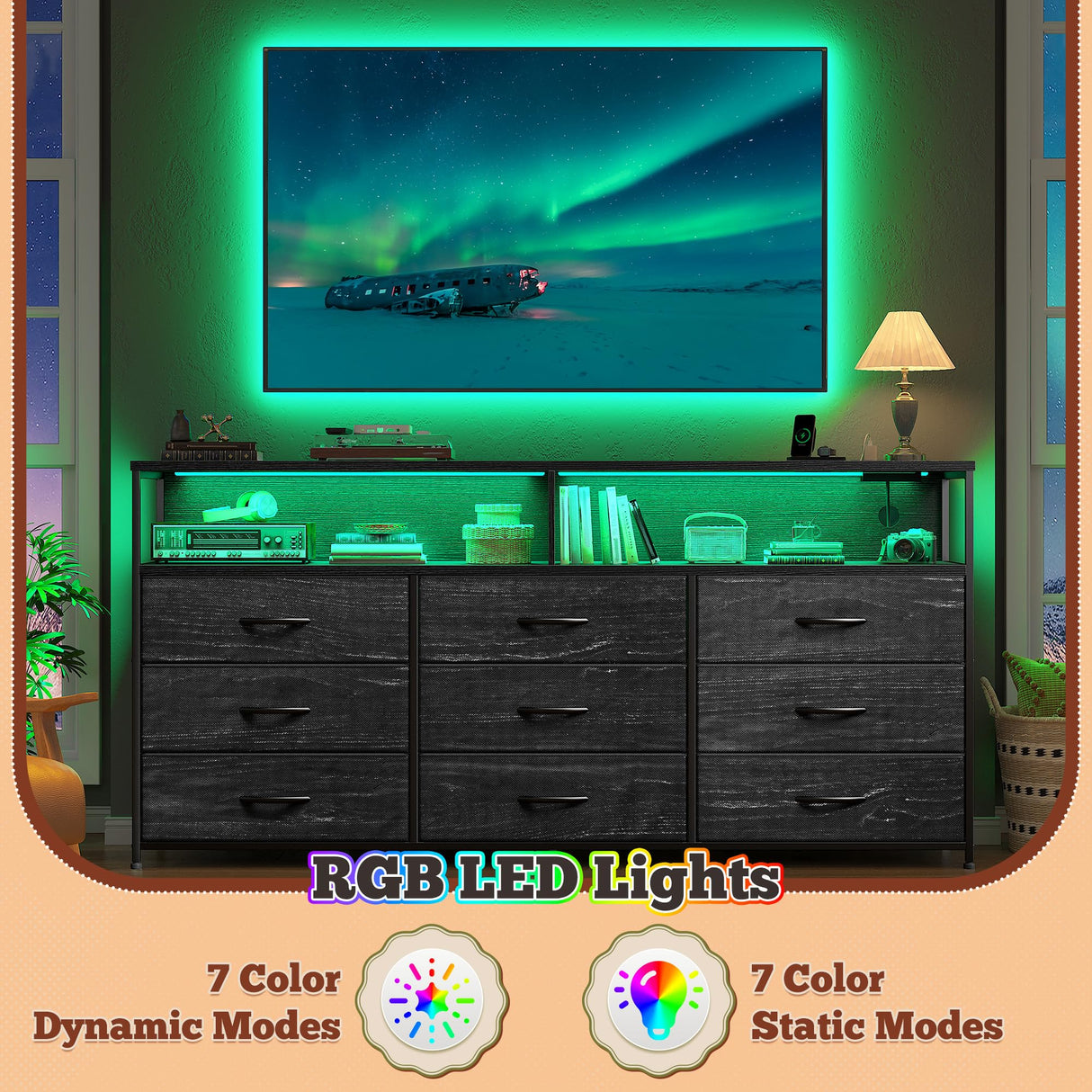 Romorgniz 55" W Dresser for Bedroom with 9 Drawers, LED TV Stand with Power Outlets for 45, 55, 65 Inch TV, Sturdy Long Chest of Drawers with Extra 2 Wooden Shelves, Grain Black Romorgniz