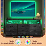 Romorgniz 55" W Dresser for Bedroom with 9 Drawers, LED TV Stand with Power Outlets for 45, 55, 65 Inch TV, Sturdy Long Chest of Drawers with Extra 2 Wooden Shelves, Grain Black Romorgniz