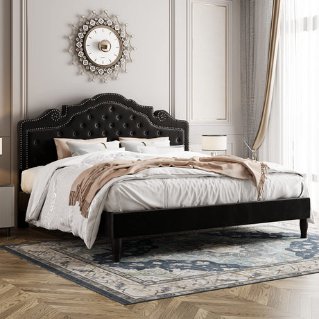 Allewie King Size Platform Bed Frame with Adjustable Velvet Tiara Headboard, Upholstered Diamond Button Tufted, Wood Slats Support, No Box Spring Needed, Mattress Foundation, Easy Assembly, Black Allewie