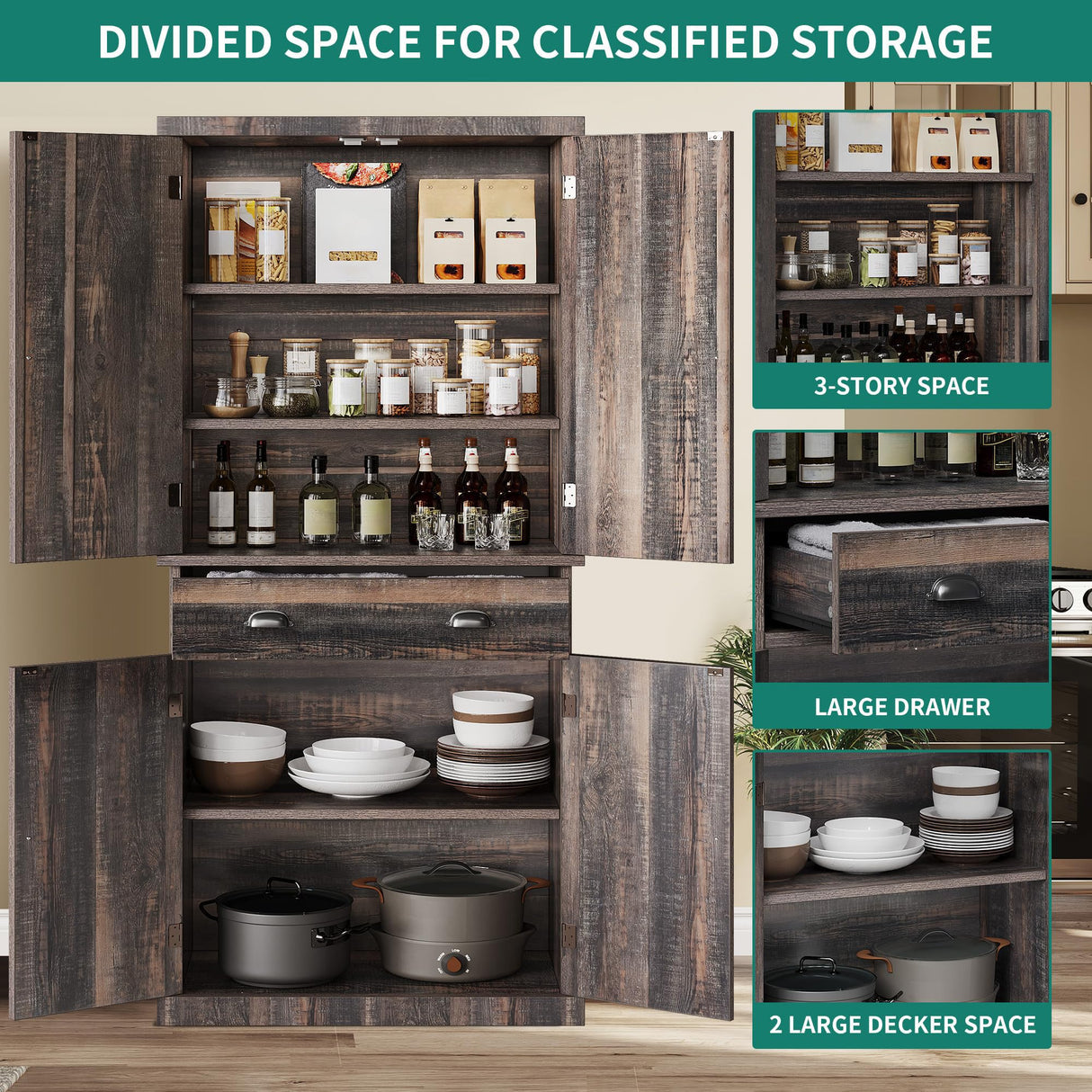 YITAHOME 72'' Tall Kitchen Pantry Cabinets, Farmhouse Storage Cabinets with Barn Doors, Drawer ＆ Adjustable Shelves, Rustic Wood Cupboard for Dining Room, Living Room, Gray Rustic YITAHOME