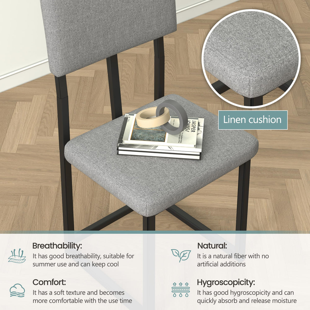 HUGROVE 5-Piece Dining Table Set, 47.27'' Faux Marble Rectangular Table with 4 Linen Upholstered Dining Chairs, Modern Kitchen & Dining Room Furniture for Apartment (Silver) HUGROVE