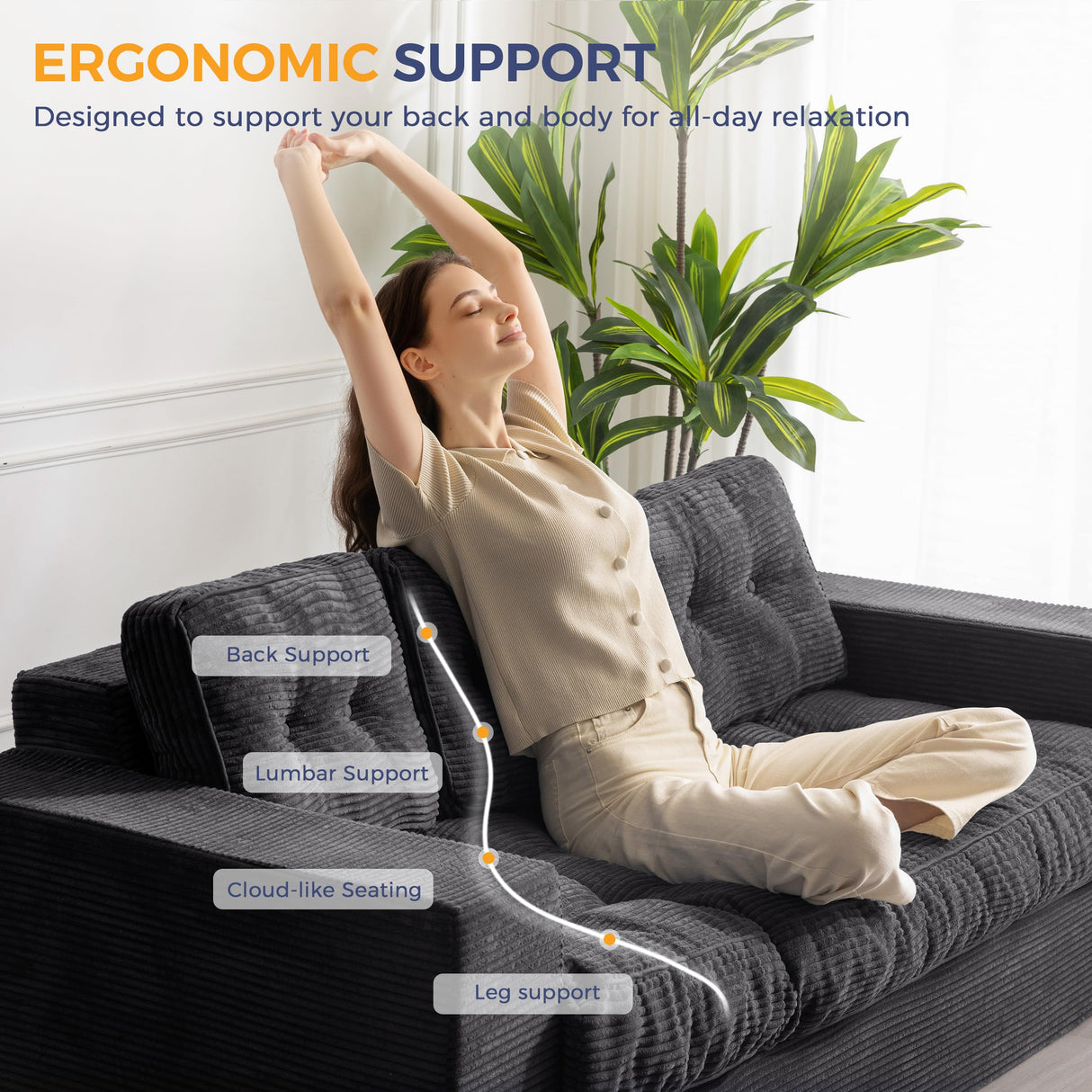 MAXYOYO 3 Seater Couch for Living Room, Boneless Couch with Tufted Cushion & Backrest, Upholstered Floor Sofa, Sofa in A Box, Black MAXYOYO