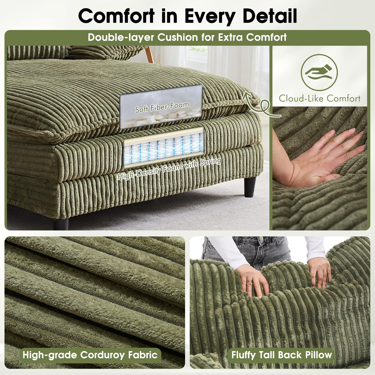 WESTSETLUX 55" W Oversized Chaise Lounge Sofa Couch with 5-Position Adjustable Backrest, Corduroy Sleeper Chair Sofa Bed, Reading Chair ‌with Deep Seat, Cloud Couches for Living Room, Bedroom, Green WESTSETLUX