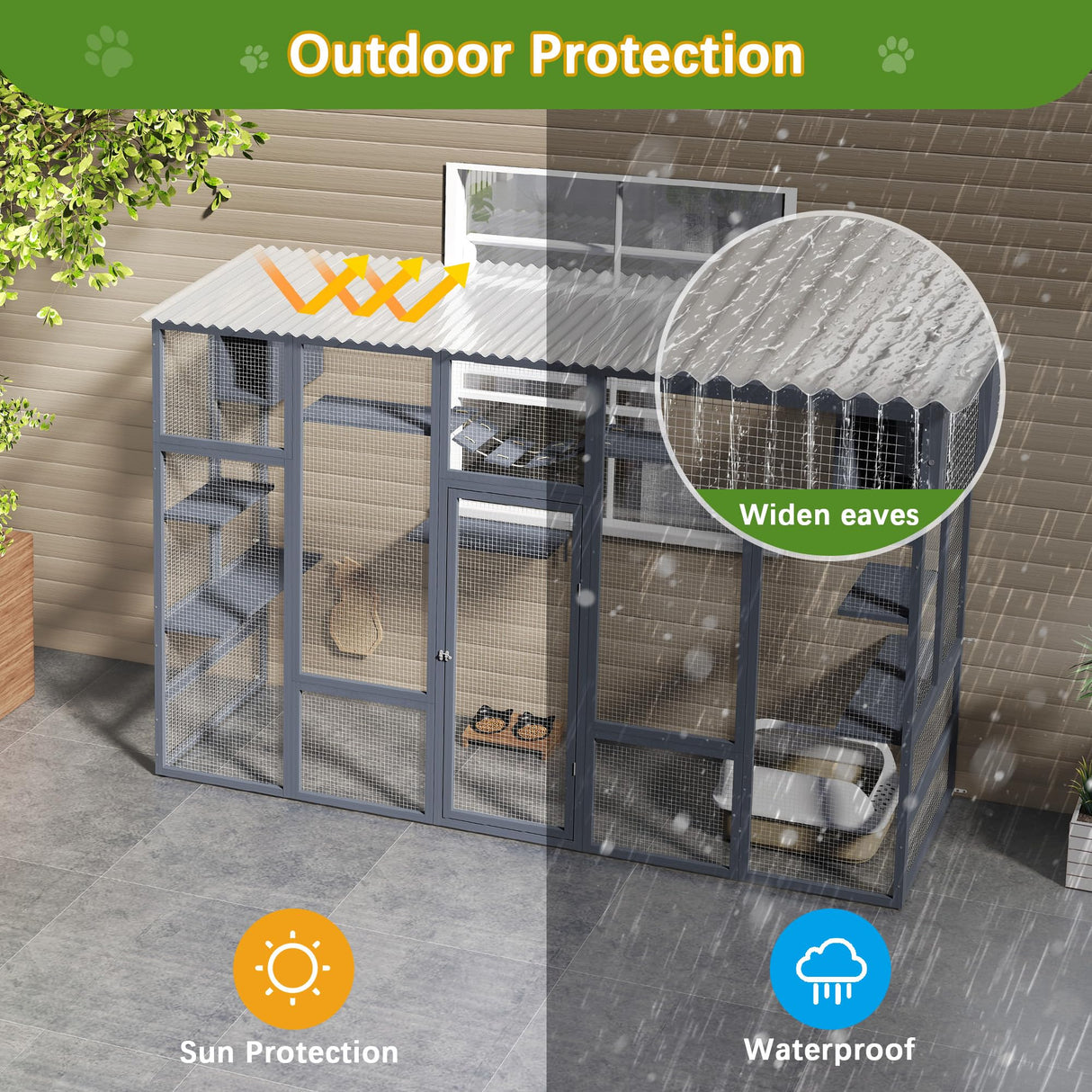 Catio Outdoor Cat Enclosure Window, 104" L Large Wooden Outdoor Cat House Cage Condo Playpen for Multiple Cats, Weatherpoof Cover for Indoor Cats, Grey COZIVVOVV