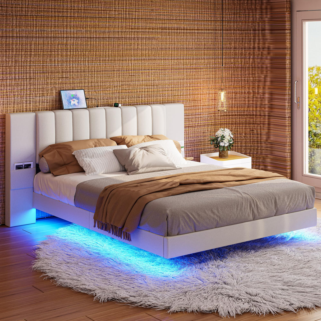 LIKIMIO Floating Bed Frame King Size with Wide Padded Headboard & LED Lights & Charging Station, Modern King Upholstered Platform, No Box Spring Needed, Beige LIKIMIO