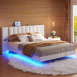 LIKIMIO Floating Bed Frame King Size with Wide Padded Headboard & LED Lights & Charging Station, Modern King Upholstered Platform, No Box Spring Needed, Beige LIKIMIO