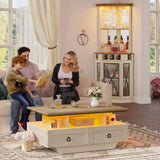 YITAHOME Farmhouse LED Coffee Table with Storage 4 Drawers, Wood Coffee Tables for Living Room, 2 Tiers Open Display Area with Metal Chic Handles, Industrial Cocktail Center Table, Brown and Oak YITAHOME
