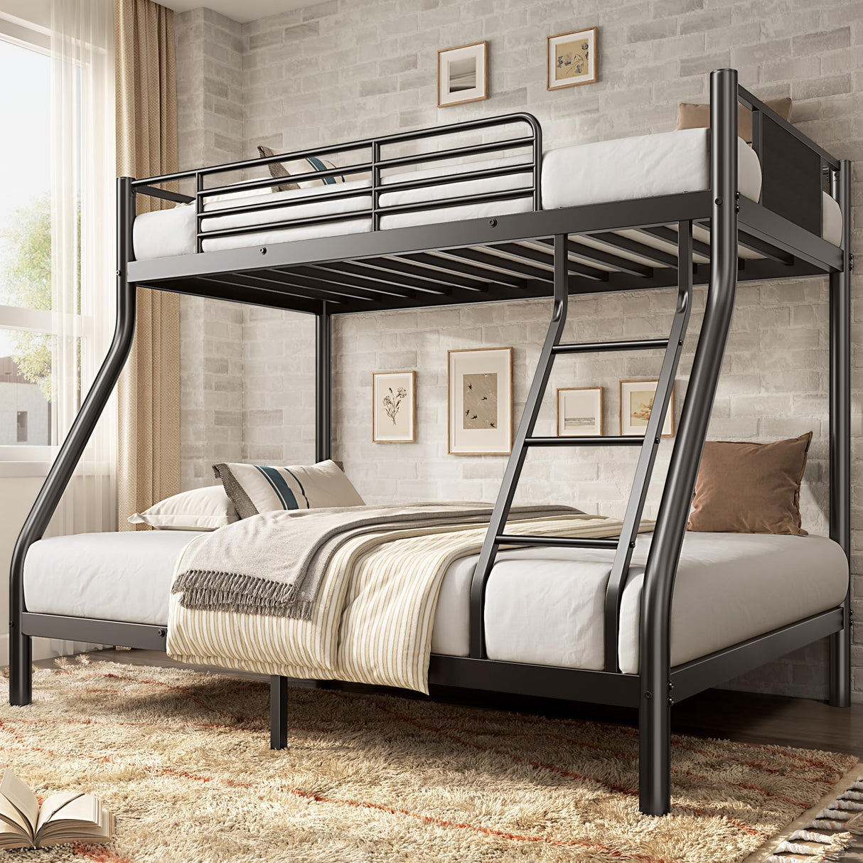 soges Metal Bunk Bed Twin Over Full Size with Upholstered Board, Ladder & Guardrail, Heavy Duty Bed Frame for Teens Adults, Black soges