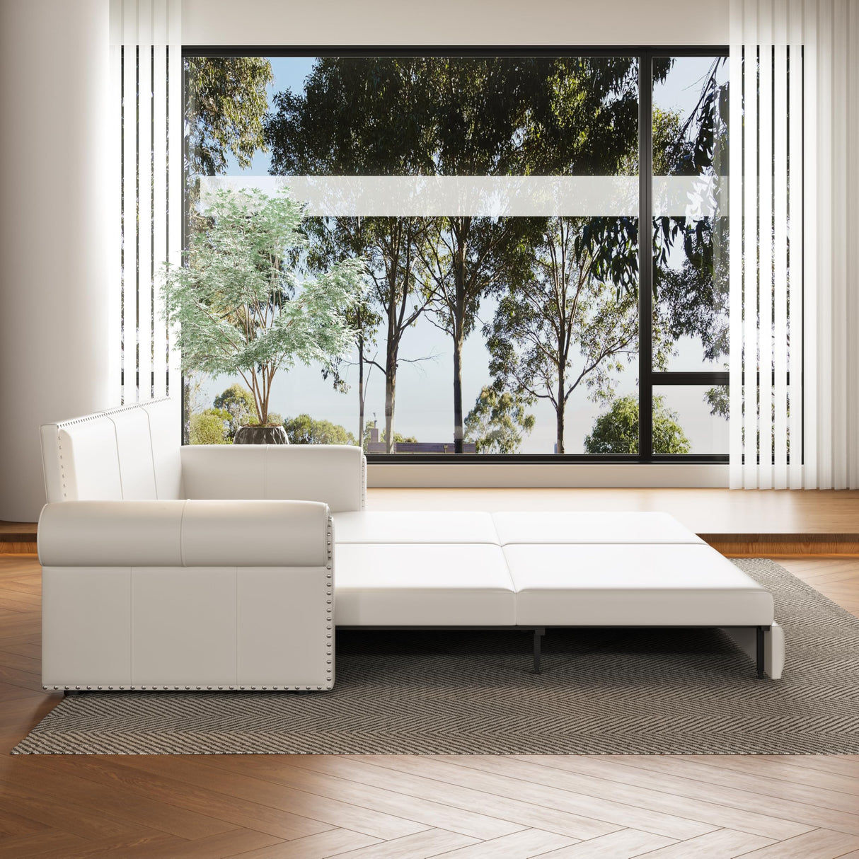 DNChuan 93.7" Chesterfield 3 Seater Pull Out Sofa Bed King Size with Pillows, PU Leather 3-in-1 Convertible Sleeper Couch with Nails Trim, Space Saving for Living Room, Cream White DNChuan