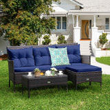 Tangkula 3 Pieces Patio Conversation Set, All Weather Outdoor PE Rattan Wicker Furniture Set with Padded Cushions, Tempered Glass Coffee Table, for Poolside, Backyard, Garden (Navy) Tangkula