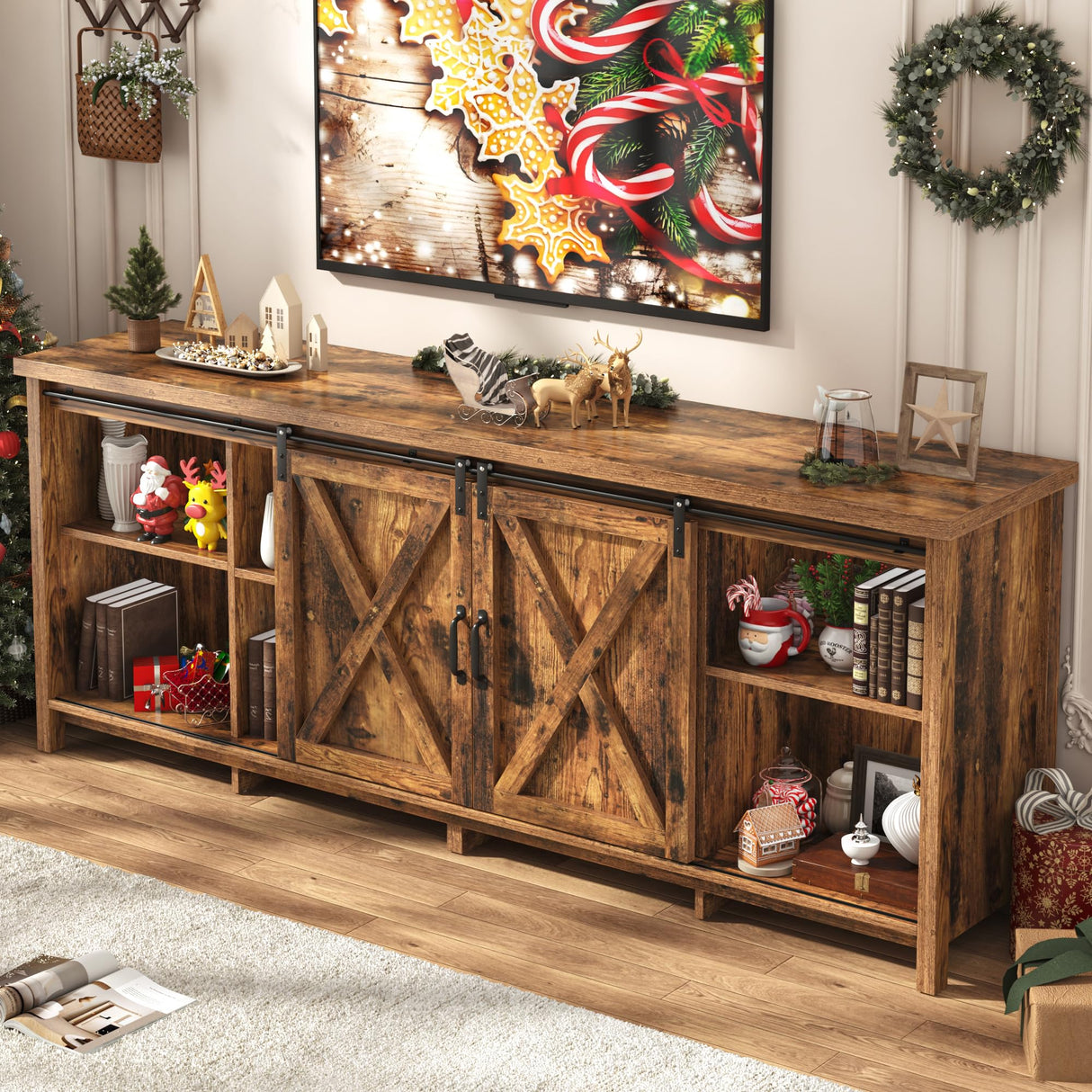Farmhouse TV Stand for 80 Inch TV with Sliding Barn Door, Rustic Wood Entertainment Center Large Media Console Cabinet Long Television Stands,Console Table and Media Furniture for Living Room(Brown) chartustriable