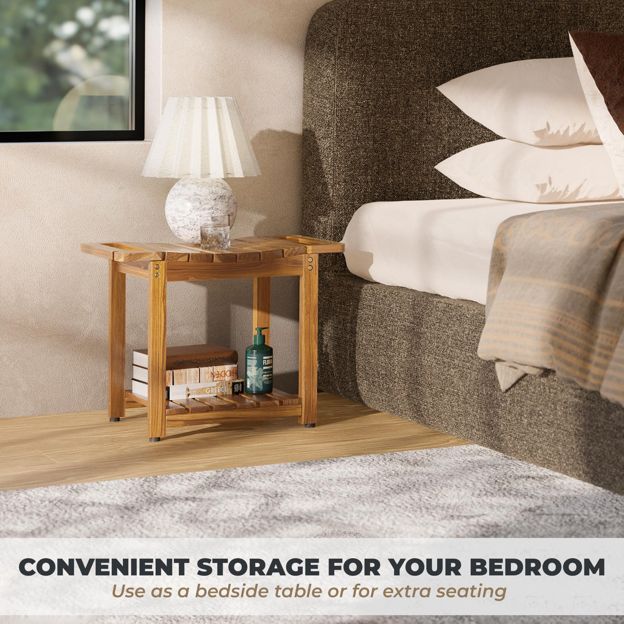 LotusSway Teak Shower Bench Seat with Storage Shelf, Wood Shower Benches for Inside Shower to Sit on, Teak Shower Stool & Spa for Elderly with Shower Head Holder & Built in Handle for Bathroom/Outdoor LotusSway