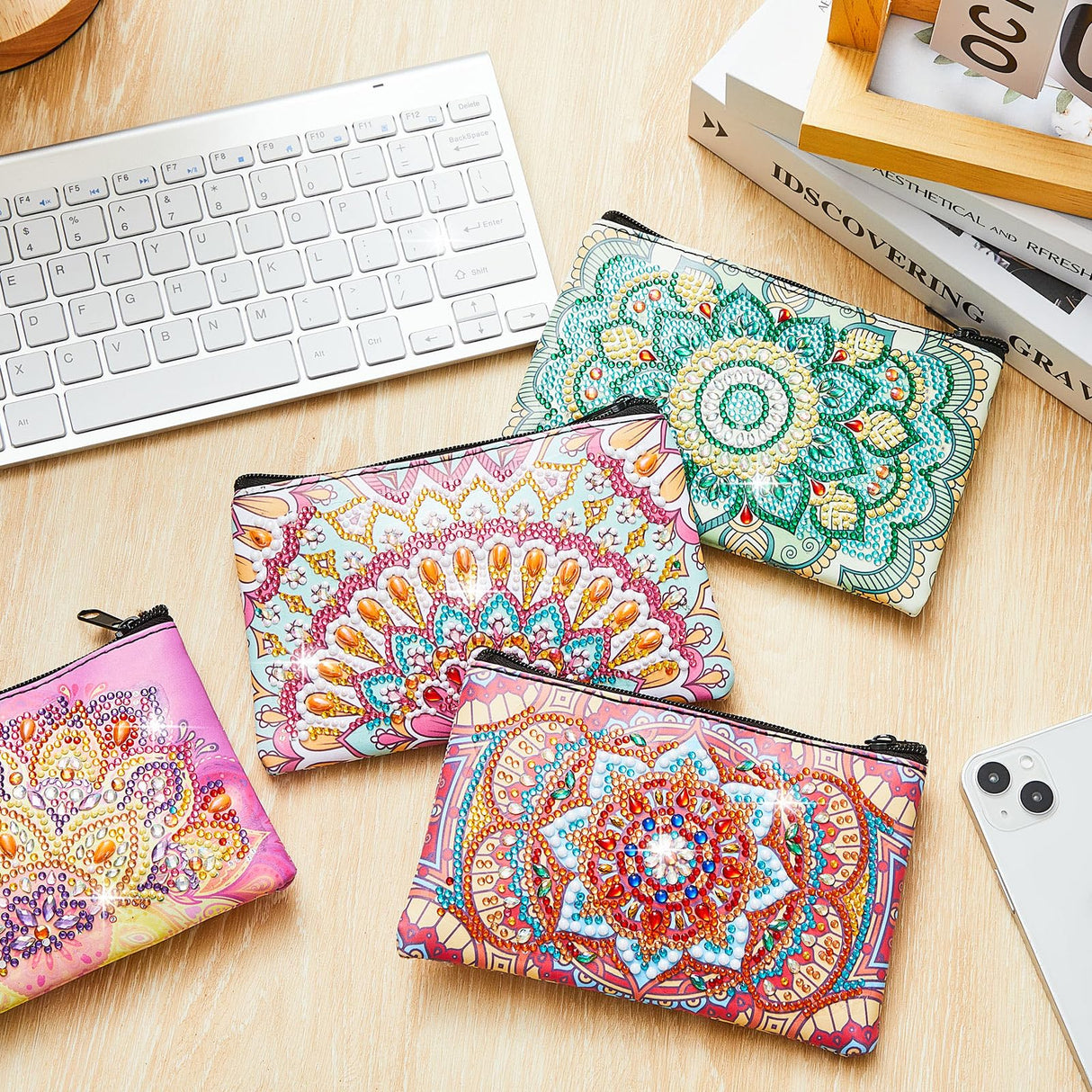 Silkfly 4 Pcs Diamond Painting Art Makeup Bags DIY Purses Toiletry 5d Handmade Double Design Diamond Painting Cosmetic Bags Bulk with Zipper Rhinestone Accessories for Women(Mandala) Silkfly