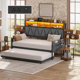 YITAHOME Twin Size Daybed with Trundle, Heavy Duty Metal Bed Frame with RGB LED Lights, Upholstered Storage Bookcase Headboard with Charging Station for Living Room, Bedroom and Guest Room, Grey YITAHOME