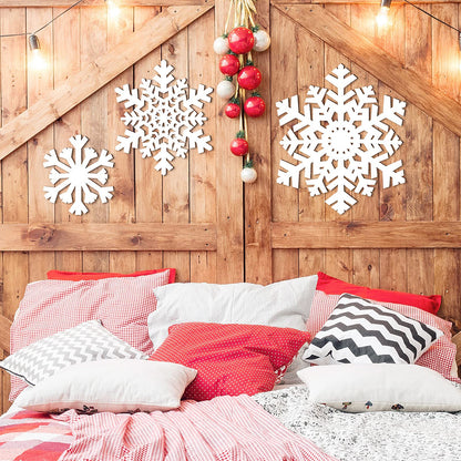 Jetec 3 Pieces Christmas Snowflake Wooden Sign Decoration for Wall Snowflake Shape Sign 3 Sizes Snowflake Hanging Plaques Rustic Wood Wall Holiday Decor for Bedroom Living Room (White, Vivid Style)