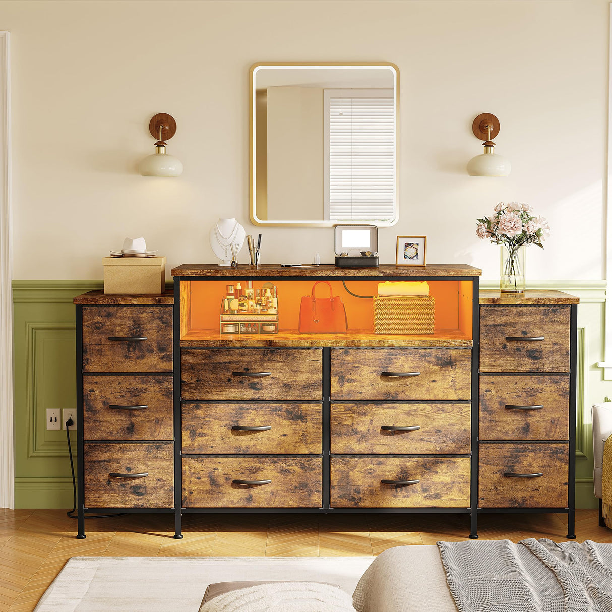 EnHomee 55" W Dresser for Bedroom with LED Lights & Charging Station 12 Drawer Dressers & Chests of Drawers Dresser TV Stand for Bedroom for Hanging 65" TV, Metal Frame & Fabric Drawers, Rustic Brown EnHomee