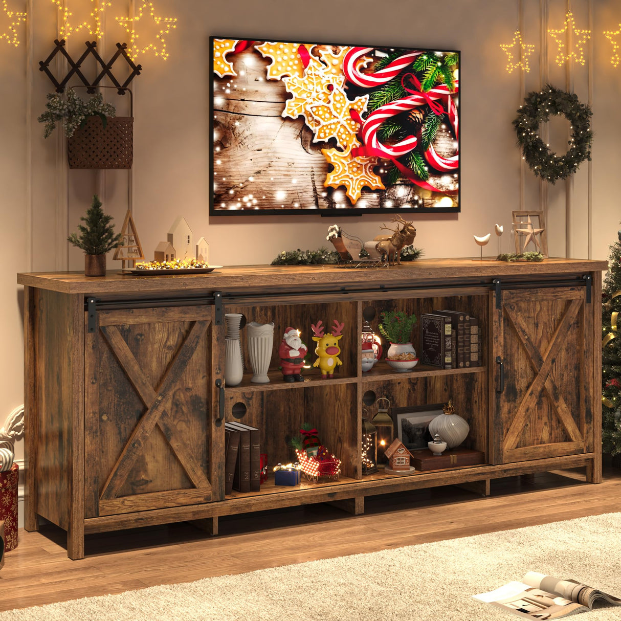 Farmhouse TV Stand for 80 Inch TV with Sliding Barn Door, Rustic Wood Entertainment Center Large Media Console Cabinet Long Television Stands,Console Table and Media Furniture for Living Room(Brown) chartustriable