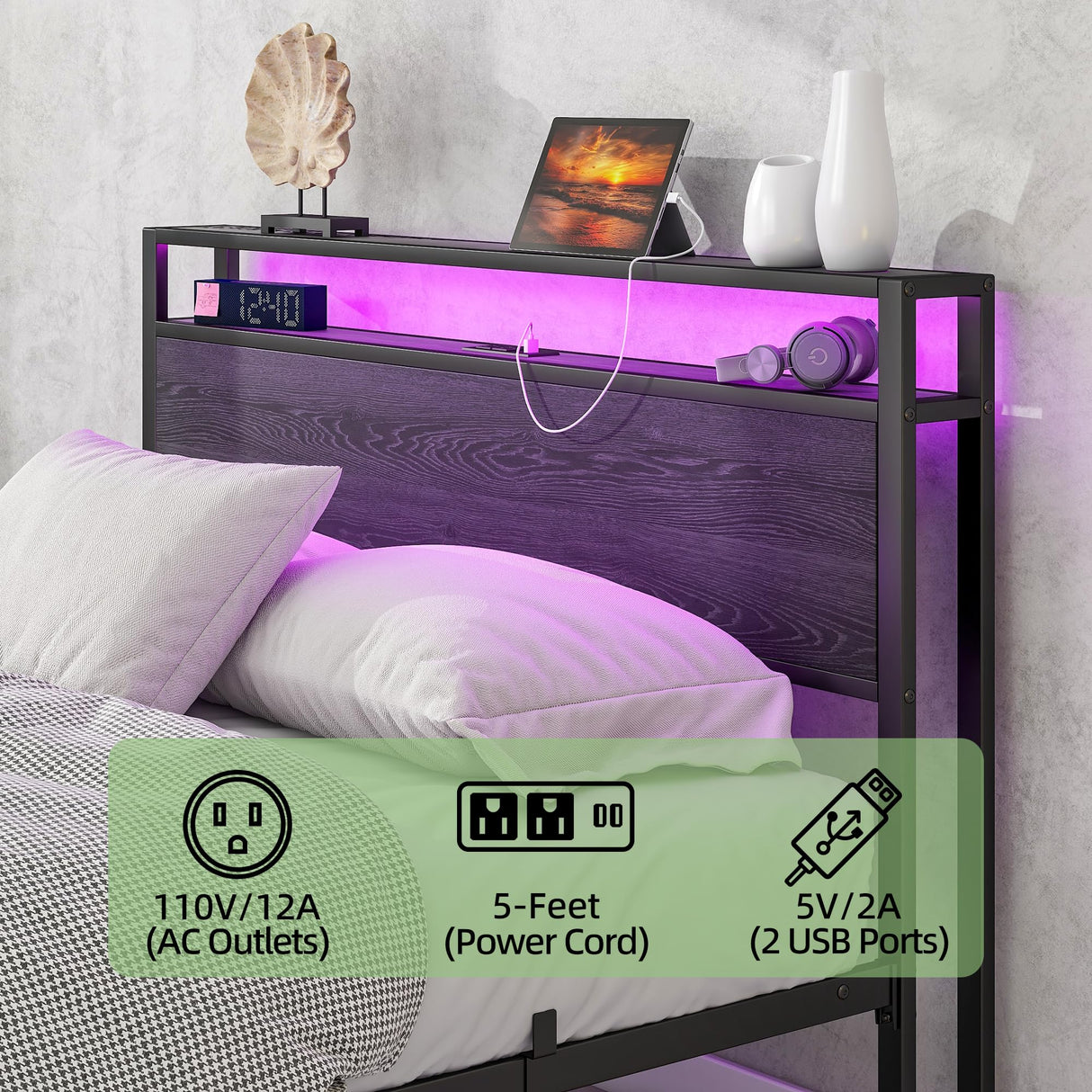 HOJINLINERO Full Size Bed Frame with Storage Headboard/LED Lights,Metal Bed Frame Full Size with Charging Station,Platform Bed Frame Full Size No Box Spring Needed,Heavy Duty Metal Slats Support,Black HOJINLINERO