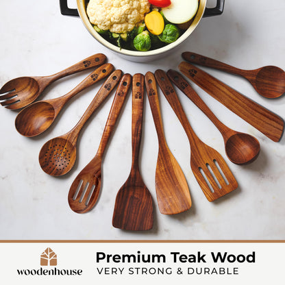 Wooden Spoons for Cooking – Wooden Cooking Utensils Set with Holder, Spoon Rest & Hooks, Teak Wood Nonstick Kitchen Cookware – Durable Set of 12pcs by Woodenhouse