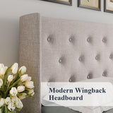 Allewie Queen Size Lift Up Storage Bed, Button Tufted Headboard with Wingback, Hydraulic Support, No Box Spring Needed, Light Beige Allewie