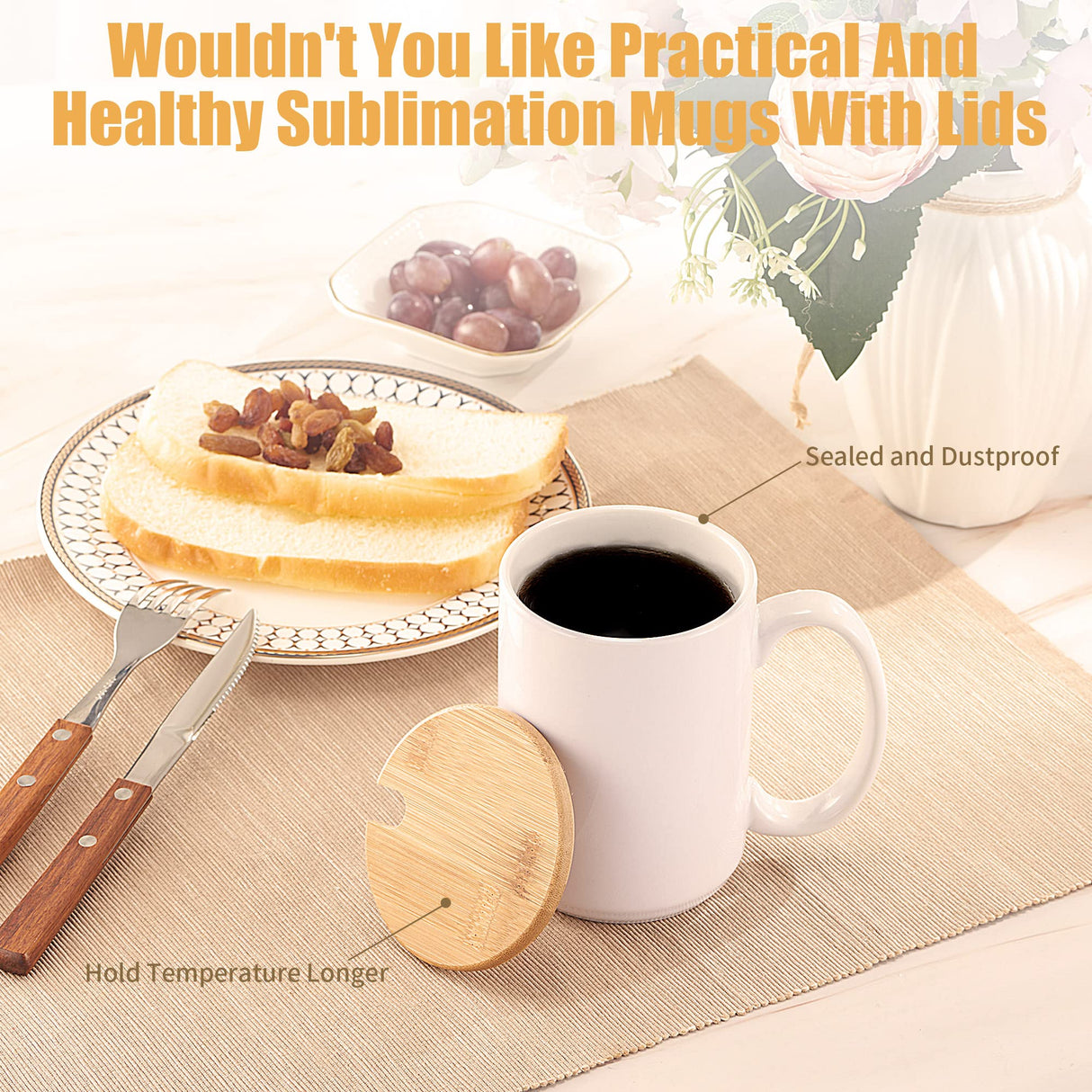 RAINBOWTIE Sublimation Mugs 15 oz Sublimation Mugs Blank with Bamboo Lid White Coffee Mugs Sublimation Coffee Mugs Mug Sets Coffee Cup with Lid Set of 12 RAINBOWTIE