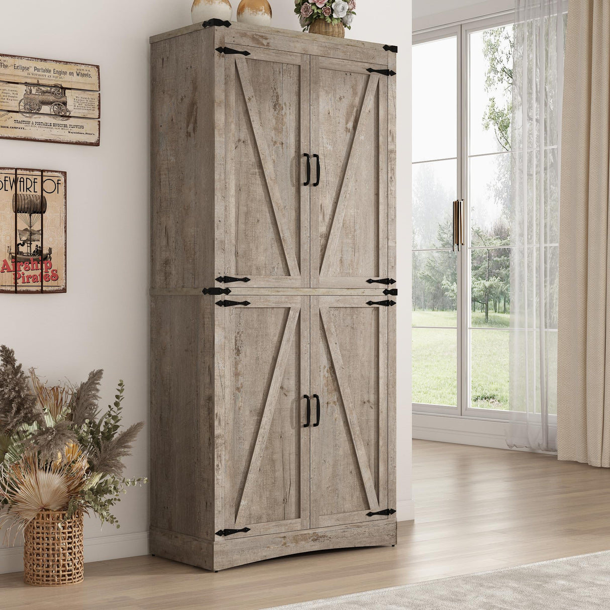 71" Tall Kitchen Pantry,Farmhouse Storage Cabinet with Adjustable Shelves,Load-Bearing Steel Pipe,Farmhouse Pantry Cabinet with 4 Barn Doors,for Kitchen,Dining Room,Living Room(Light Rustic Oak) Hlivelood