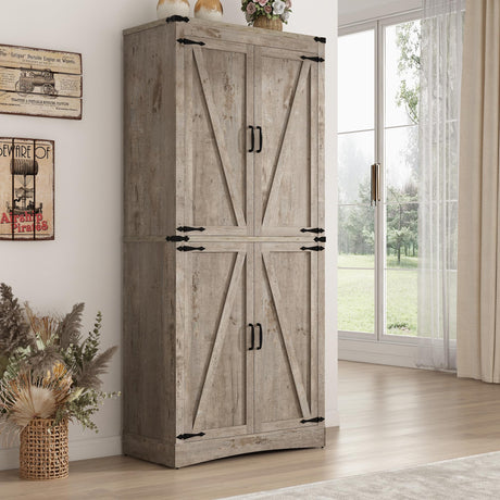 71" Tall Kitchen Pantry,Farmhouse Storage Cabinet with Adjustable Shelves,Load-Bearing Steel Pipe,Farmhouse Pantry Cabinet with 4 Barn Doors,for Kitchen,Dining Room,Living Room(Light Rustic Oak) Hlivelood