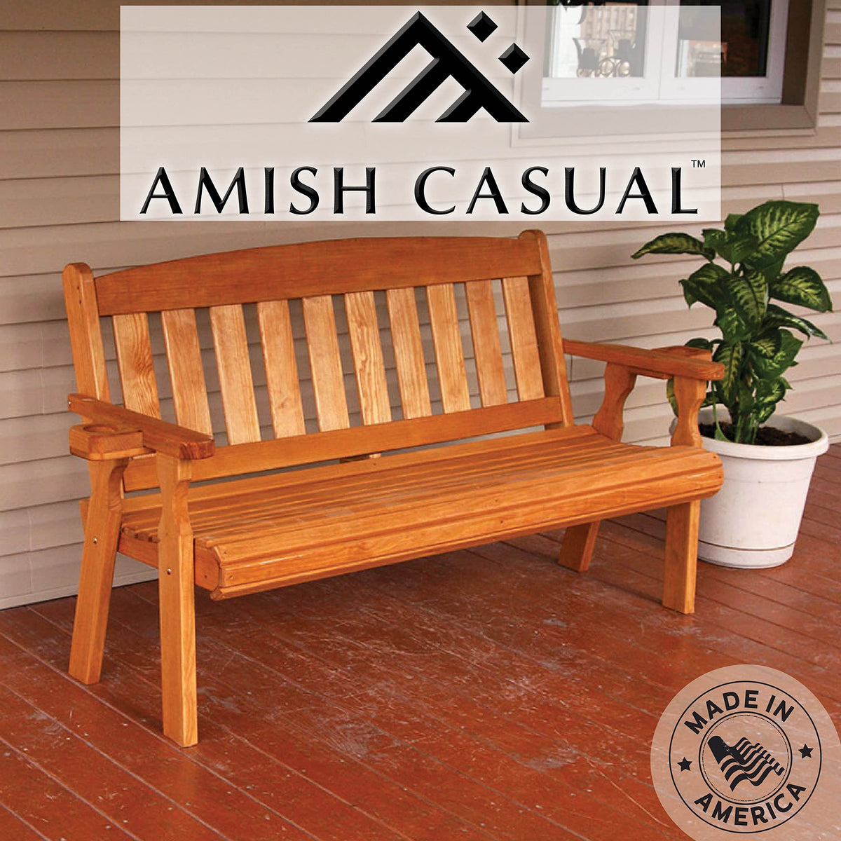 Amish Casual Heavy Duty 800 Lb Mission Pressure Treated Garden Bench with Cupholders (5 Foot, Cedar Stain) Amish Casual