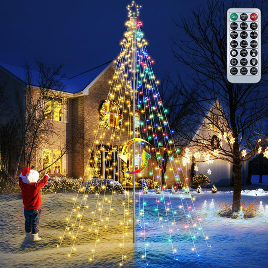 Lomotech Color Changing Christmas Tree Lights - 10Ft 404 LED with 7.08" Topper, Remote Controll Waterproof Iron Pole Waterfall Lights for Outdoor Christmas Decorations (Warm White to Multicolor)