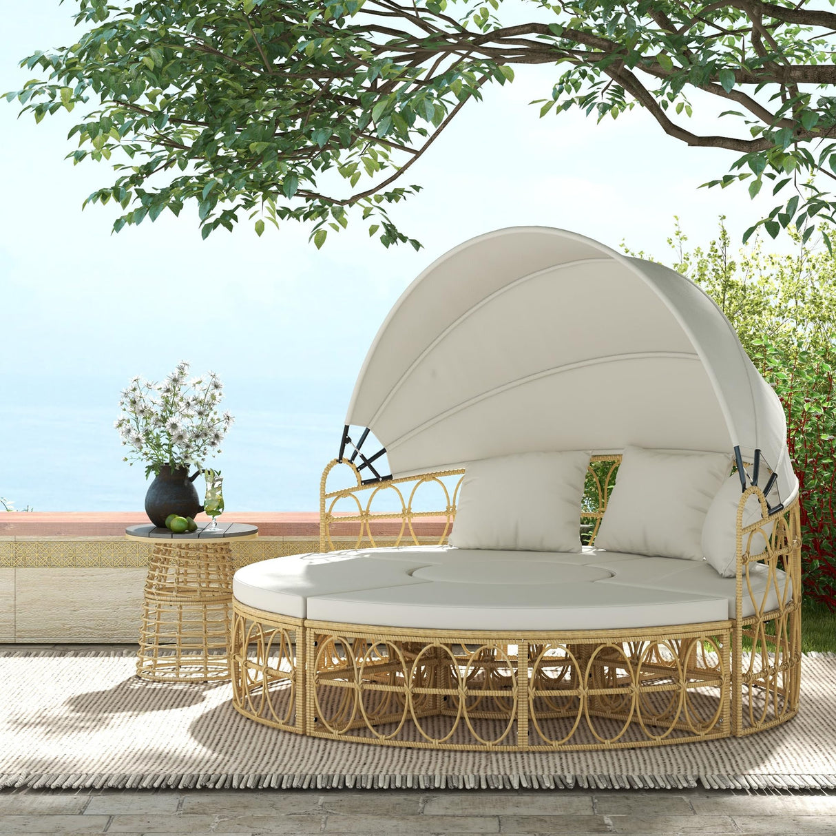 Outsunny Patio Furniture Set, Round Outdoor Daybed with Washable Couch Cushions, Hollow Wicker PE Rattan Sectional Sofa with Retractable Canopy for Pool, Lawn, Cream White Outsunny