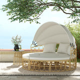 Outsunny Patio Furniture Set, Round Outdoor Daybed with Washable Couch Cushions, Hollow Wicker PE Rattan Sectional Sofa with Retractable Canopy for Pool, Lawn, Cream White Outsunny
