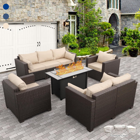Rattaner 5-Piece Outdoor Patio Furniture 45 in Outdoor Fire Pits Patio Furniture Set 60000 BTU Outdoor Propane Fire Pit No-Slip Cushions Waterproof Covers, Khaki Rattaner