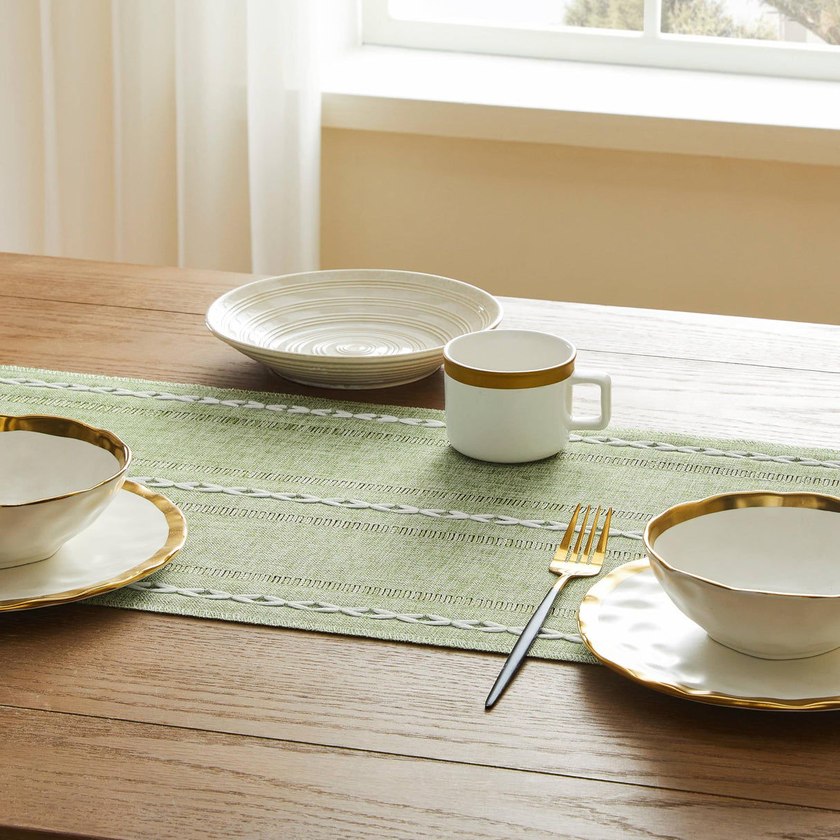 YZJZEDS Hemstitched Farmhouse Table Runner, Sage Green 13x72 Inch, Cotton Linen Table Runners 72 Inches Long, Embroidered Striped Sage Green Boho Table Runner Rustic Home Decor YZJZEDS