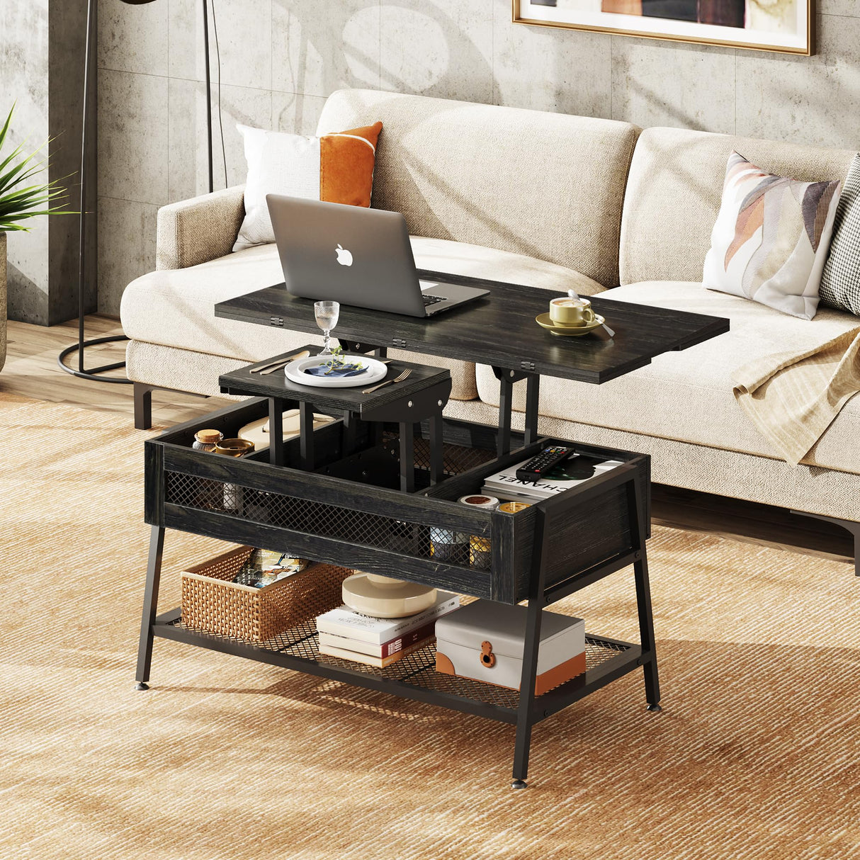 WLIVE Lift Top Coffee Table, 3 in 1 Multi-Function Coffee Table with Storage, Hidden Compartment and Metal Frame, Coffee Table Converts to Dining Table for Living Room Home Office, Charcoal Black WLIVE
