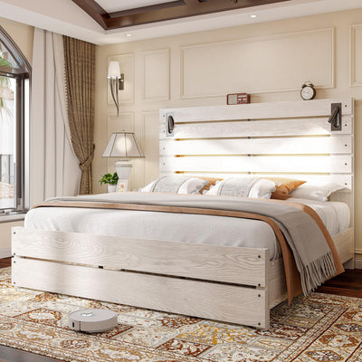 Jocisland King Size Farmhouse Bed Frame with 51" Headboard, LED Lights, Rustic Wood Look, No Box Spring Needed, Ash White