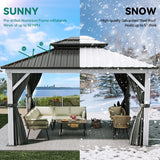 YITAHOME White Gazebo 10x12ft Hardtop Double Roof Canopy Galvanized Iron Aluminum Frame Outdoor Gazebo with Netting and Shaded Curtains Garden Tent for Patio, Backyard, Deck and Lawns, Grey Curtain YITAHOME