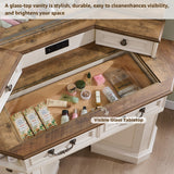 T4TREAM Makeup Vanity Desk 48" with 3 Way Mirror and Lights, Large Farmhouse Corner Vanity Dressing Table with Glass Top & Charging Station, 3 Drawers & 2 Storage Cabinets for Bedroom, Antique White T4TREAM
