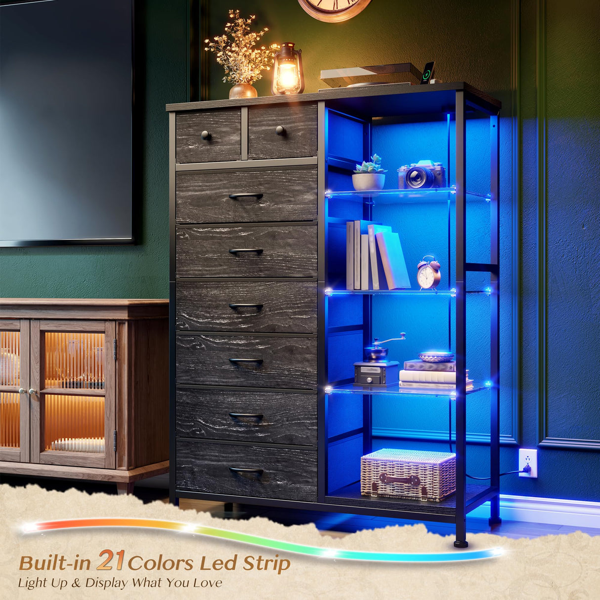 EnHomee 54" H Dresser for Bedroom with LED Lights & Power Outlets Dresser with 8 Drawers Fabric Dressers & Chests of Drawers for Bedroom, Sturdy Metal Frame, Acrylic Plates (Charcoal Black) EnHomee