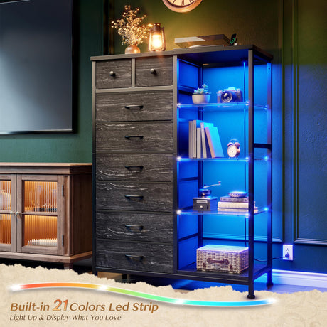 EnHomee 54" H Dresser for Bedroom with LED Lights & Power Outlets Dresser with 8 Drawers Fabric Dressers & Chests of Drawers for Bedroom, Sturdy Metal Frame, Acrylic Plates (Charcoal Black) EnHomee