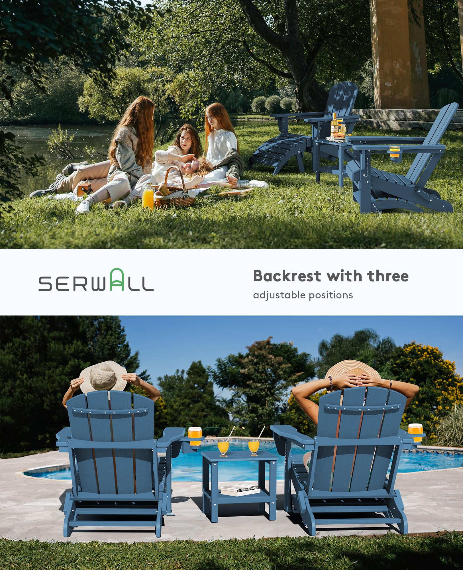 SERWALL 5-Piece Adirondack Chair and Ottoman and Table Set, HDPE Weather Resistant Adjustable Backrest Adirondack Chair with Ottoman and Side Table, Navy - WoodArtSupply