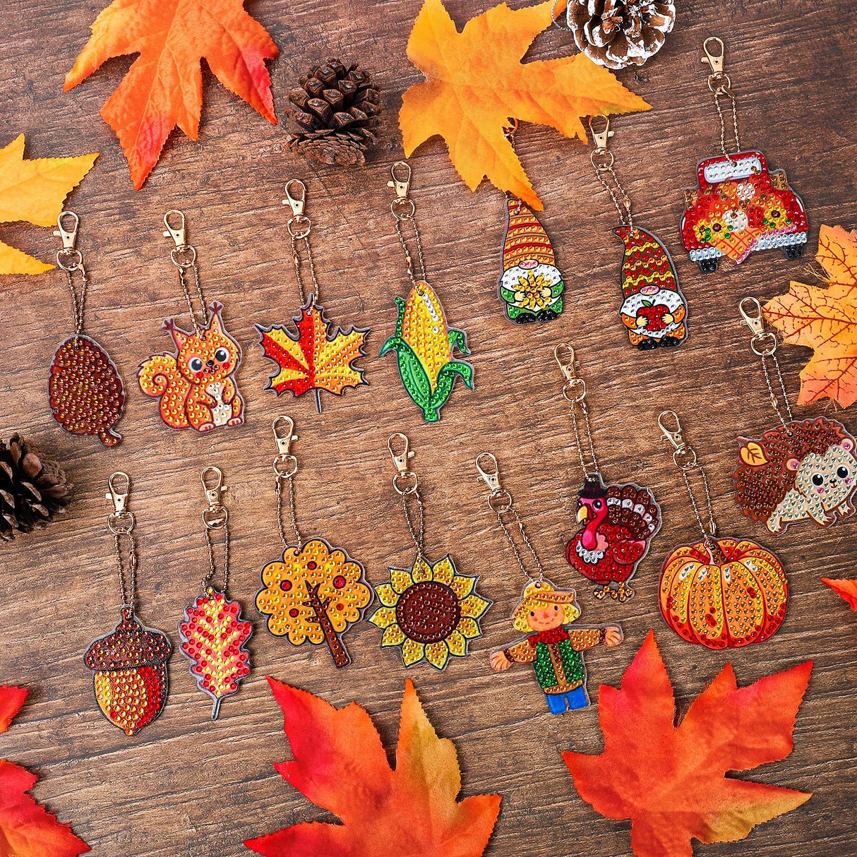 Whaline 15Pcs Fall Diamond Drawing Keychain Kit Autumn Gnome Animal Plants Fall 5D DIY Diamond Art Ornaments Rhinestone Mosaic Making Full Drill Diamond Key Chain for Kids Crafts Gifts Party Supplies Whaline
