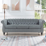 Ball & Cast 84" Chesterfield Leather Sofa with Channel Tufted Seat Back,Classic 3 Seater Couch w/Roll Arm Nailhead Trim and Upholstered,Mid Century Furniture for Living Room,Bedroom,Office,Grey PU Ball & Cast