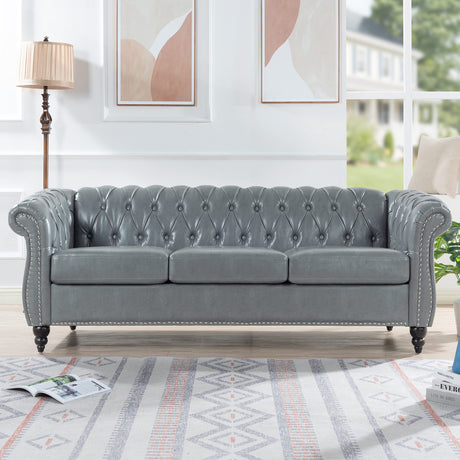 Ball & Cast 84" Chesterfield Leather Sofa with Channel Tufted Seat Back,Classic 3 Seater Couch w/Roll Arm Nailhead Trim and Upholstered,Mid Century Furniture for Living Room,Bedroom,Office,Grey PU Ball & Cast
